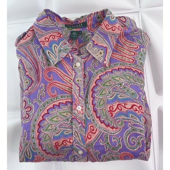 Lauren Ralph Lauren Womens Sz 1X Purple 100% Linen Paisley Print Button Up Shirt - Picture 1 of 4